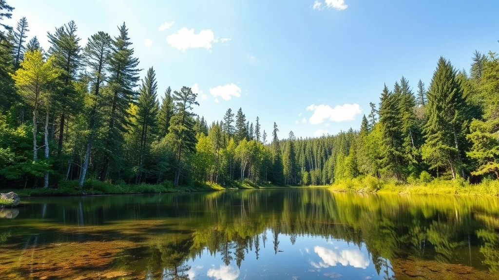 Photorealistic image of pristine forest landscape with clear sky and natural water reflection, emphasizing untouched nature and environmental preservation, no text or labels