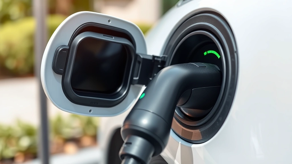 Close-up of electric vehicle charging port connected to charging station with green energy indicator, showcasing modern sustainable transportation technology in natural daylight