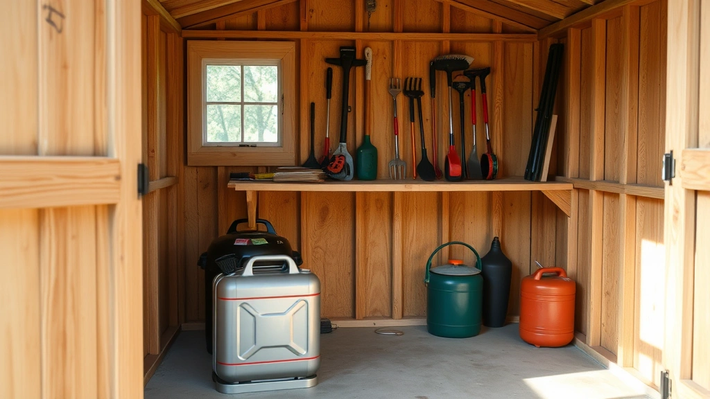 A well-organized garden shed interior with a metal gas can stored on a concrete floor next to a wooden shelf holding gardening tools, natural window light streaming in, showing proper ventilation and cool storage conditions for fuel containers