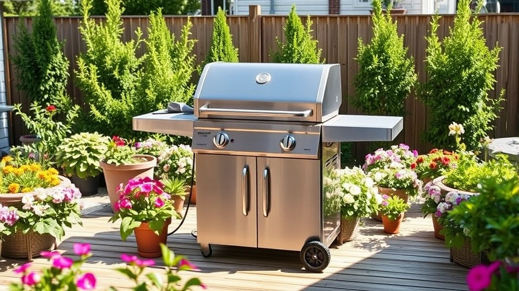 Modern stainless steel 2-burner gas grill on a wooden backyard deck, surrounded by lush green plants and flowering garden beds, natural sunlight creating warm shadows, nobody visible