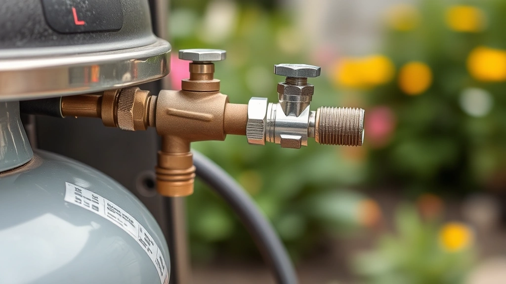 Close-up of propane tank connection and natural gas lines on outdoor cooking equipment, showing metal fittings and safety valves, garden blurred in background, professional installation detail