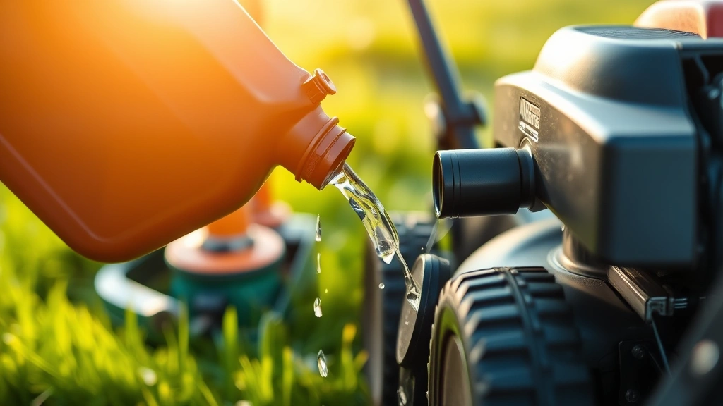 Close-up of fuel pouring from a gas can spout into a lawnmower, showing precision anti-spill nozzle design, green grass and garden tools in soft background, morning sunlight