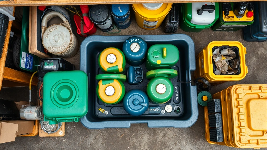Overhead view of sustainable storage setup with gas cans in a secondary containment spill tray, surrounded by recycling bins and environmental management equipment, eco-conscious workshop organization