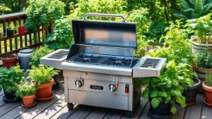 Compact stainless steel two-burner gas grill on a wooden deck surrounded by potted herbs and vegetables, natural daylight, sustainable outdoor cooking setup