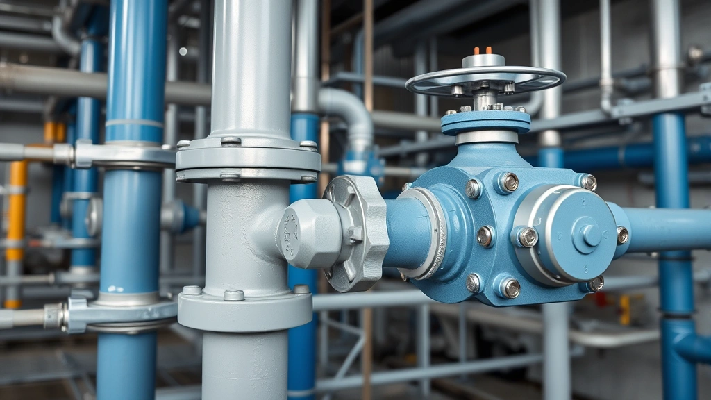 Close-up of natural gas pipeline infrastructure and valve system in an industrial facility, showing energy distribution infrastructure for residential cooking fuel