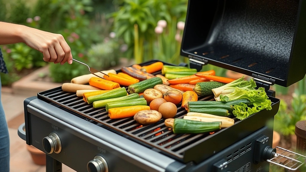 Outdoor grilling scene with person grilling vegetables and plant-based foods on a two-burner grill, garden background, sustainable food preparation demonstration