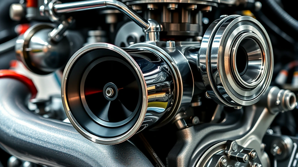 Close-up of turbocharged engine component showing precision engineering, chrome and metal details glistening under workshop lighting, no visible text or labels