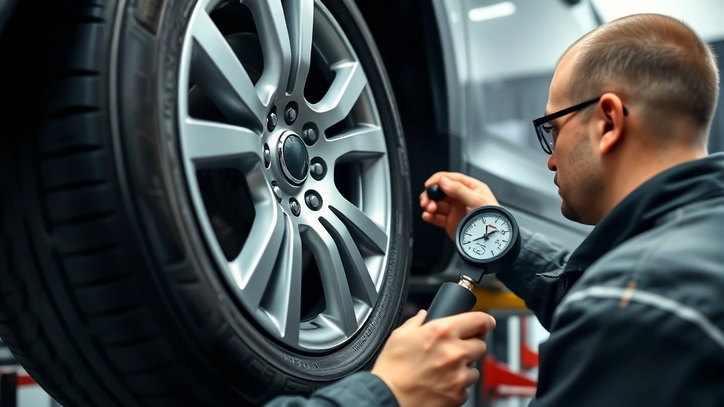 Modern automotive maintenance technician checking tire pressure gauge on vehicle wheel, professional setting with tools visible, focused on gauge reading, no text visible