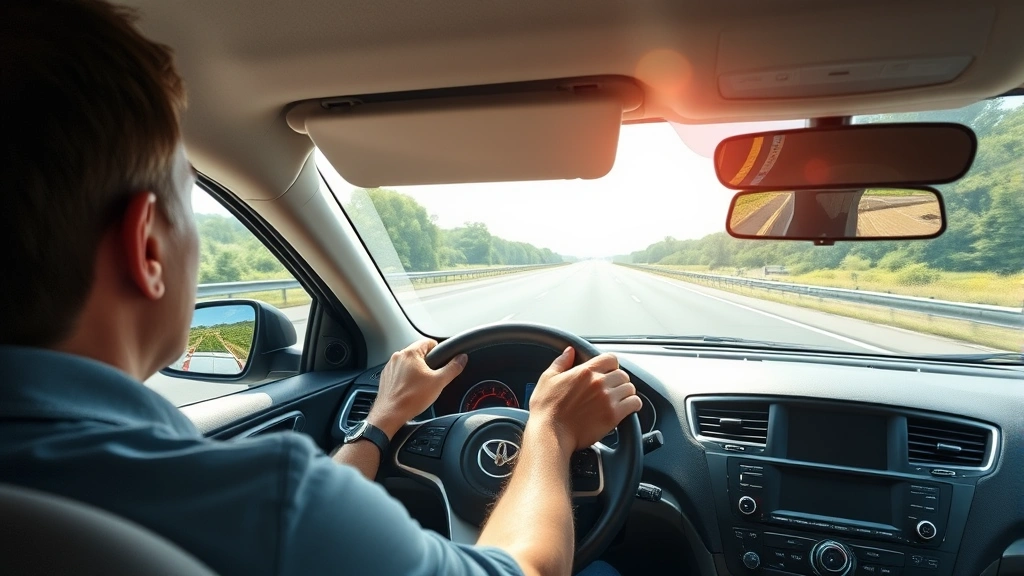 Eco-conscious driver on highway with hands on steering wheel, sunny day, clear road ahead, natural lighting through windshield, no visible dashboard displays or text