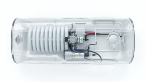 Overhead view of a transparent fuel tank cross-section showing internal baffles and fuel pump assembly, mounted on white background, technical engineering visualization, photorealistic
