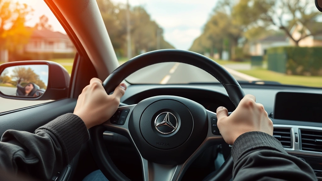 Driver's hands on steering wheel during smooth acceleration on suburban road, eco-conscious driving technique demonstration, natural daylight, photorealistic perspective