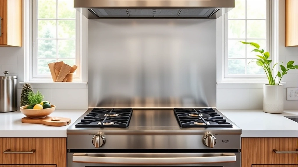 Modern stainless steel 24-inch compact gas range with four burners and convection oven in a bright sustainable kitchen with bamboo cabinets and natural light from windows, showing sealed burner design and contemporary cooking surface