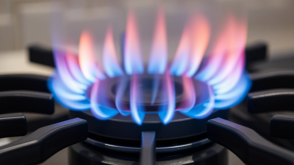 Close-up of gas burner flames with cookware, showing proper flame adjustment technique where flames align precisely with pot bottom without extending up sides, demonstrating efficient heat transfer and gas usage optimization