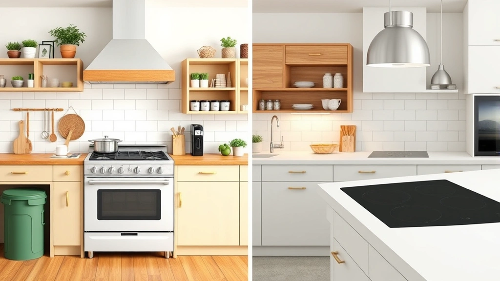 Side-by-side comparison visualization of kitchen appliances in an eco-friendly home setting including a gas range, electric induction cooktop, and sustainable kitchen elements like recycling bins and energy-efficient lighting fixtures