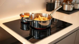 Modern induction cooktop with stainless steel cookware heating food, warm glow from burner, minimalist kitchen counter, close-up of cookware bottom interacting with electromagnetic field, no text visible
