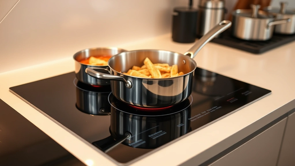 Modern induction cooktop with stainless steel cookware heating food, warm glow from burner, minimalist kitchen counter, close-up of cookware bottom interacting with electromagnetic field, no text visible