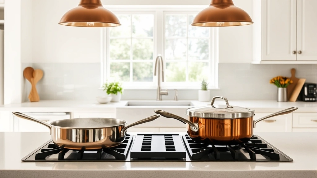 Residential kitchen showing both cooking methods comparison, bright natural lighting, clean contemporary design, copper and stainless steel cookware, sustainable kitchen aesthetic, no labels or signage
