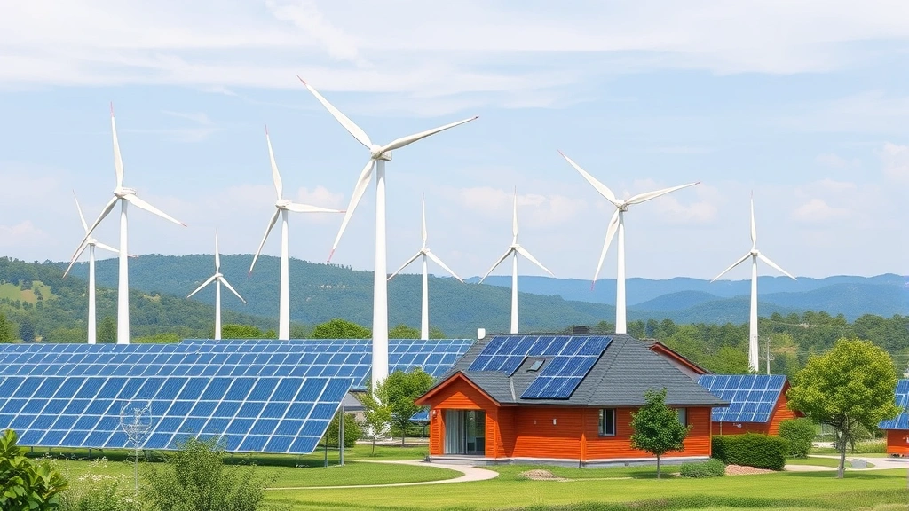 Wind turbines and solar panels generating electricity for home, green energy grid visualization, renewable power infrastructure landscape, modern sustainable energy production facility, no text or lettering