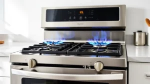 Modern compact 24 inch gas range stovetop with stainless steel finish, blue flames visible on burners, minimalist kitchen background with natural light, no text or labels visible