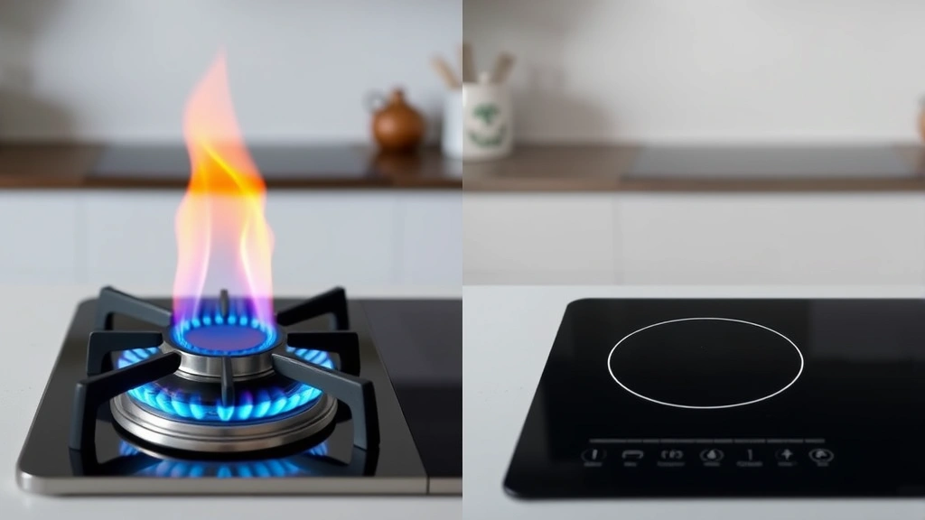 Split-screen comparison showing gas flame on left burner and induction cooktop glow on right, demonstrating different cooking technologies, neutral kitchen environment
