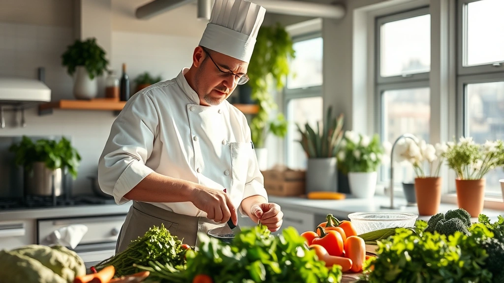 Professional chef preparing fresh vegetables and herbs in a modern kitchen with natural sunlight streaming through large windows, showcasing sustainable cooking ingredients and preparation techniques