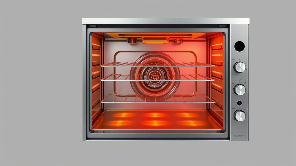 Cutaway technical diagram showing internal components of a gas wall oven with insulation layers and heat distribution patterns, modern stainless steel construction with efficient burner design