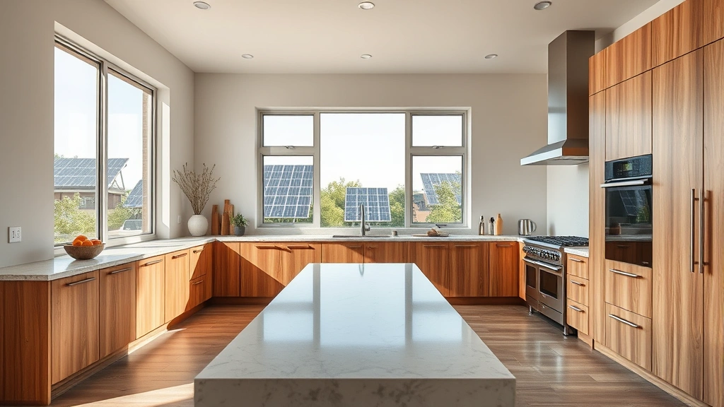 Panoramic view of a contemporary kitchen featuring both gas and electric cooking appliances, sustainable wood cabinetry, renewable energy solar panels visible through windows, minimalist eco-conscious design