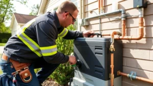 Professional plumber installing copper gas line to residential backup generator in suburban home setting, showing proper support straps and connections, natural daylight