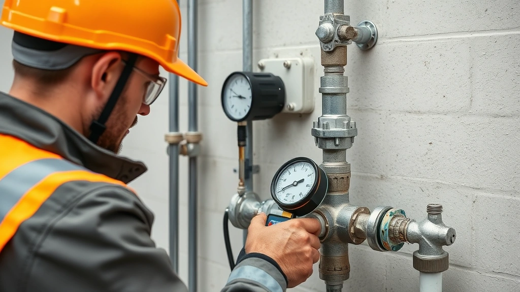 Technician performing pressure test on natural gas line system using professional gauge equipment, checking connections for leaks with soap solution method