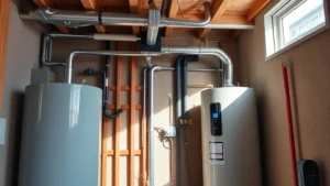Modern residential water heater installation in utility room showing insulation and piping, natural lighting highlighting the mechanical equipment and efficient design details