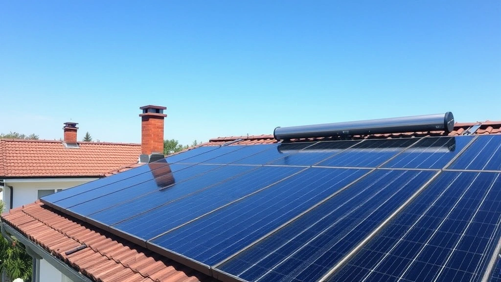 Solar thermal panels mounted on residential rooftop capturing sunlight with clear blue sky, showcasing renewable energy infrastructure for sustainable home heating