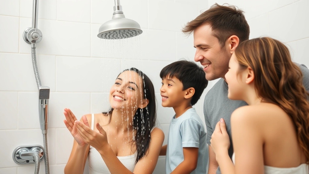 Eco-conscious family taking shorter shower with water-saving showerhead, bathroom setting demonstrating sustainable water conservation practices and behavioral changes