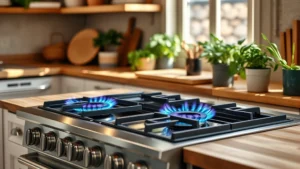 Modern stainless steel gas range with blue flames cooking in sustainable kitchen with natural light, wooden countertops, and potted herbs in background, photorealistic professional kitchen photography
