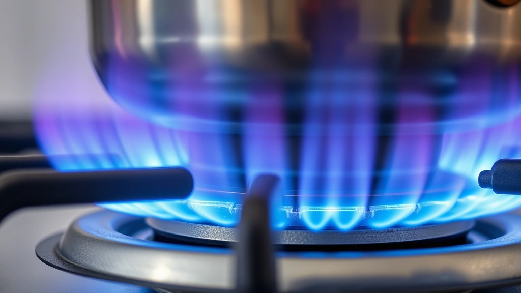 Close-up of gas burner flames burning bright blue, showing efficient combustion with cookware on top, natural kitchen lighting, detailed thermal imagery aesthetic
