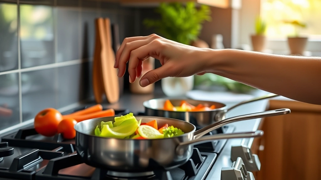 Hands adjusting temperature dial on gas range with fresh vegetables and cookware visible, demonstrating proper cooking technique in contemporary kitchen environment, warm natural lighting