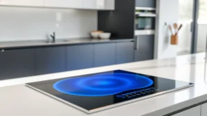 Modern kitchen with stainless steel induction cooktop glowing with blue magnetic energy, minimalist design, bright natural light, no text or labels visible