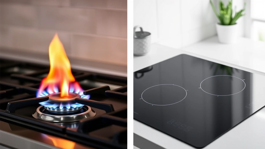 Split-screen kitchen comparison: left side shows traditional gas range burner with flame, right side shows sleek induction cooktop surface, professional photography, no labels