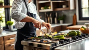Professional chef using a stainless steel 30-inch gas stove with multiple burners lit, cooking fresh vegetables in a modern kitchen with natural light streaming through windows