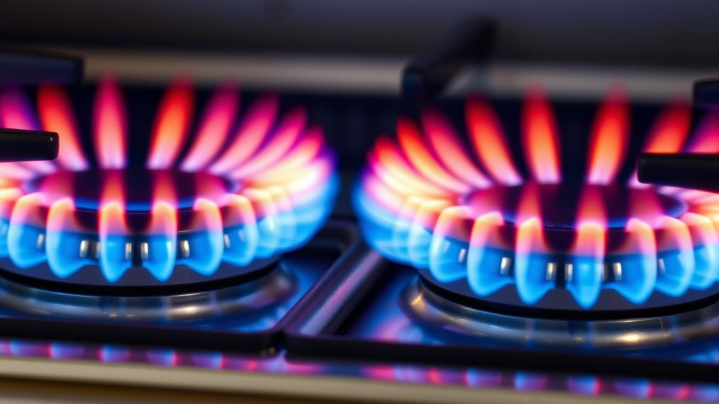 Close-up of high-powered gas burner flames in blue and orange hues, showing precise flame control and distribution on a sealed cooktop with heavy-duty grates