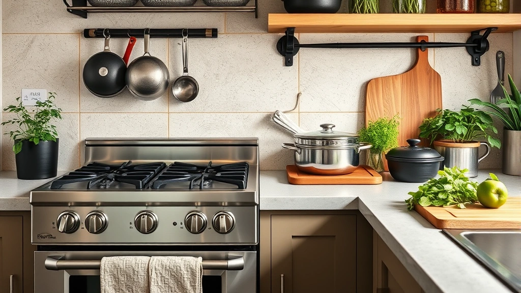 Eco-friendly kitchen featuring a stainless steel gas stove with convection oven, alongside potted herbs and sustainable cookware, embodying green kitchen practices