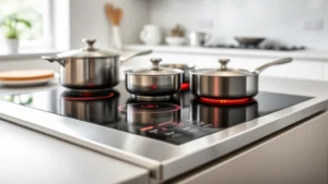 Modern induction cooktop with stainless steel finish showing glowing heating elements and cookware on top, minimalist kitchen background with natural light, no text or labels visible