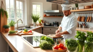 Professional chef in modern sustainable kitchen with stainless steel induction cooktop and wooden cutting boards, preparing fresh vegetables from local farmers market, natural daylight streaming through large windows, organized mise en place with fresh herbs in glass containers
