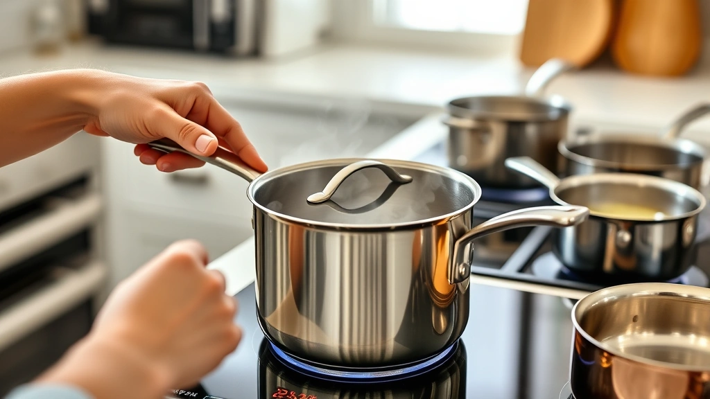 Close-up of hands using efficient cookware on induction burner with precise temperature display, steam rising from pot with visible lid, copper-bottomed stainless steel pots arranged by size, minimalist kitchen background with energy-efficient appliances