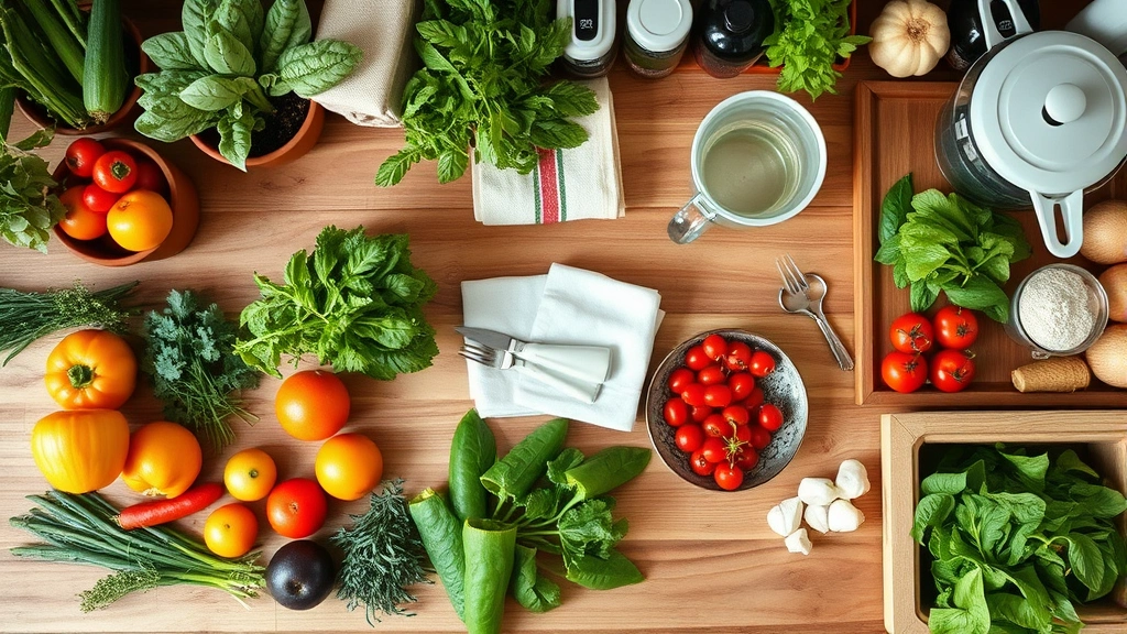 Overhead view of sustainable kitchen workspace showing seasonal local vegetables, herbs in terracotta pots, reusable cloth towels, compost container, water pitcher, and organized ingredients ready for meal preparation, natural wood surfaces and eco-friendly materials visible