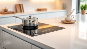 Modern kitchen with sleek induction cooktop, warm lighting, stainless steel cookware heating on glass surface, minimalist design, sustainable home aesthetic, no text or labels visible