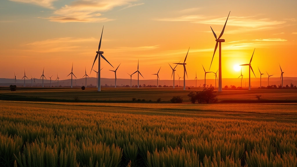 Renewable energy wind turbines in field at sunset, clean energy landscape, power generation for sustainable electricity grid, photorealistic environmental scene, no signage