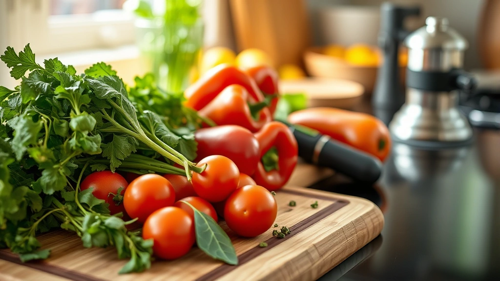 Close-up of fresh vegetables and herbs on wooden cutting board next to modern electric cooktop, natural kitchen lighting, sustainable cooking ingredients, healthy home environment, no packaging visible