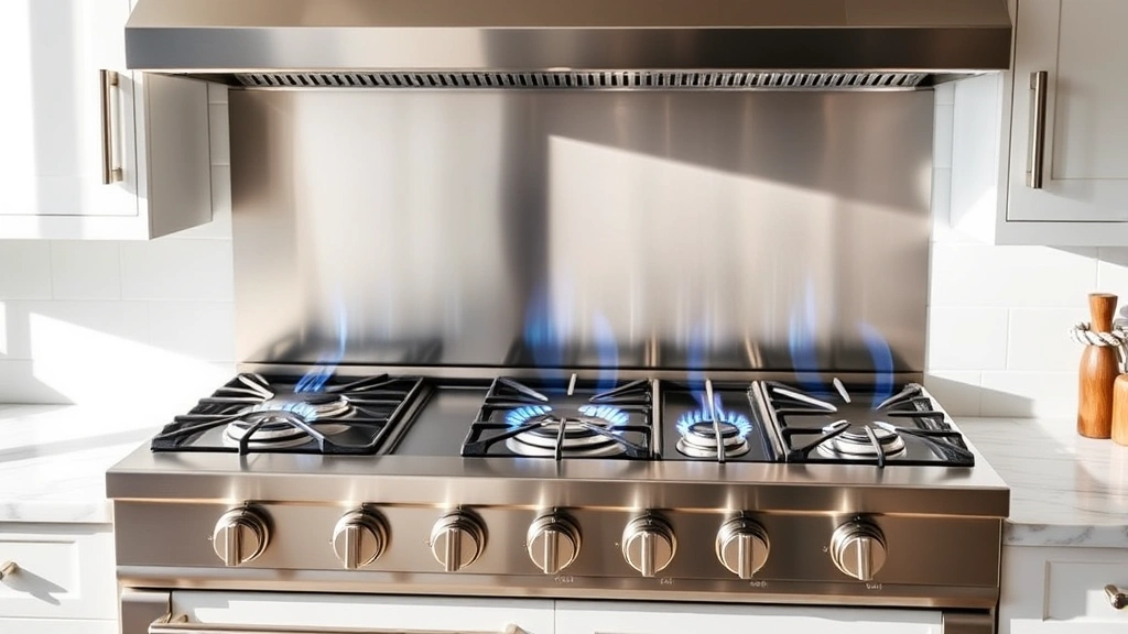 Professional stainless steel 36 inch gas cooktop with six sealed burners, blue flames ignited, mounted in modern minimalist kitchen with white cabinetry and marble countertop, natural daylight illuminating the pristine cooking surface and polished metal exterior