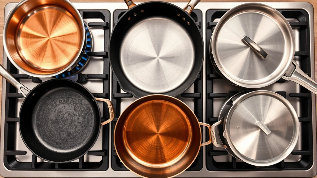 Overhead view of diverse cookware including copper-bottomed stainless steel pans, cast iron skillet, and aluminum saucepot arranged on active gas burners with visible blue flames, demonstrating efficient heat transfer and flame-to-cookware contact