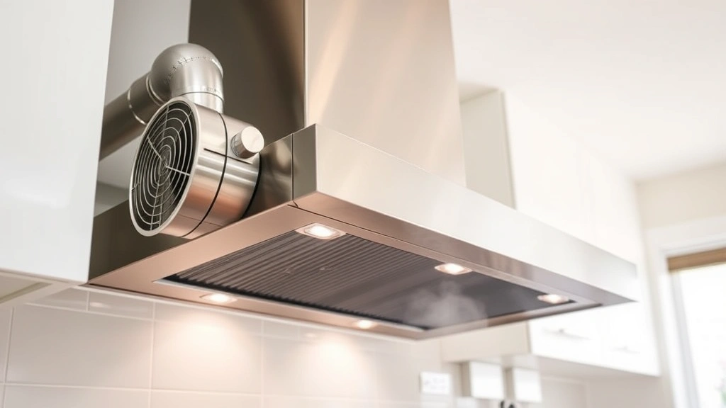 Modern kitchen ventilation system with stainless steel range hood positioned above a gas cooktop, showing variable-speed fan mechanism and ducting, with steam and cooking vapors being actively extracted, clean kitchen environment visible in background